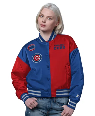 Starter Women's Royal/red Chicago Cubs Offside Cropped Full-snap Varsity Jacket In Multi