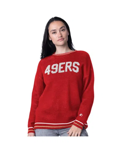 Starter Women's Scarlet San Francisco 49ers Oversized On The Ball Intarsia Knit Pullover Sweater