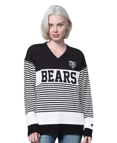 Starter Women's  Black Chicago Bears No Huddle Striped V-neck Sweater