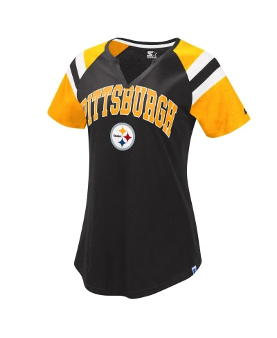 Starter Women's  Black, Gold Pittsburgh Steelers Game On Notch Neck Raglan T-shirt In Black,gold