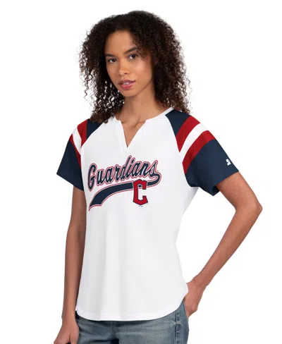 Starter Women's White Cleveland Guardians Game On Notch Neck Raglan T-shirt