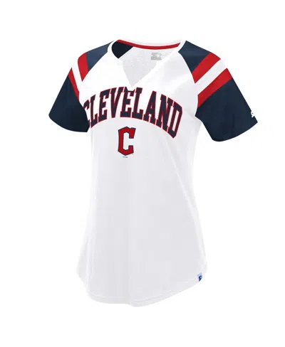 Starter Women's White/navy Cleveland Guardians Game On Notch Neck Raglan T-shirt In White,navy