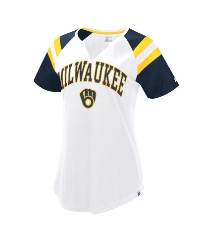 Starter Women's White/navy Milwaukee Brewers Game On Notch Neck Raglan T-shirt In White,navy