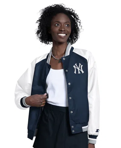 Starter Women's White/navy New York Yankees Blitz Varsity Raglan Full-snap Satin Jacket In Black