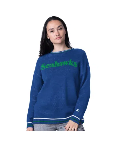 Starter Women'sâ Royal Seattle Seahawks Oversized On The Ball Intarsia Knit Pullover Sweater In Blue