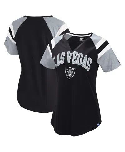 Starter Women's Black Las Vegas Raiders Game On Notch Neck Raglan T-shirt