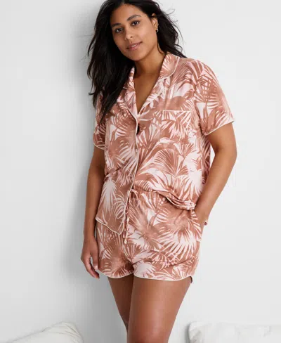 State Of Day Women's 2-pc. Short-sleeve Notched-collar Pajama Set Xs-3x, Created For Macy's In Palm Satin Pink