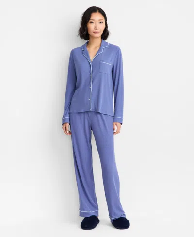 State Of Day Women's 2-pc. Packaged Ribbed Notched-collar Pajamas Set Xs-3x, Created For Macy's In Blue