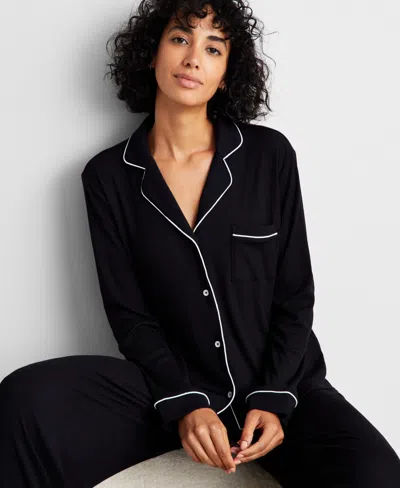 State Of Day Women's 2-pc. Packaged Ribbed Notched-collar Pajamas Set Xs-3x, Created For Macy's In Deep Black