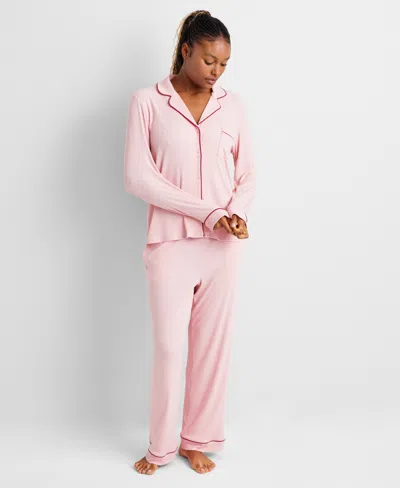 State Of Day Women's 2-pc. Packaged Ribbed Notched-collar Pajamas Set Xs-3x, Created For Macy's In Think Pink