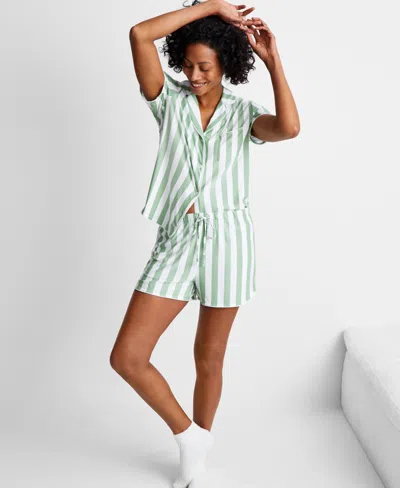 State Of Day Women's 2-pc. Short-sleeve Notched-collar Pajama Set Xs-3x, Created For Macy's In Stripe Basil