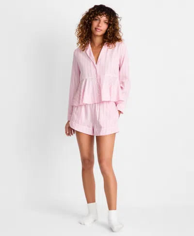 State Of Day Women's 2-piece Stripe Long-sleeve Top And Shorts Pajama Set, Macy's Exclusive In Pink