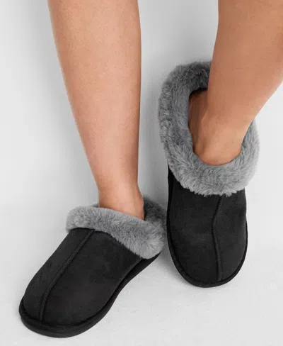 State Of Day Women's Boxed Faux-fur-collar Clog Slippers, Macy's Exclusive In Black