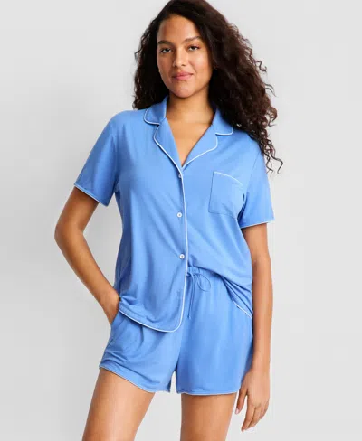 State Of Day Women's Fluid Knit Notched-collar Pajama Set Xs-3x, Exclusively At Macy's In Blue