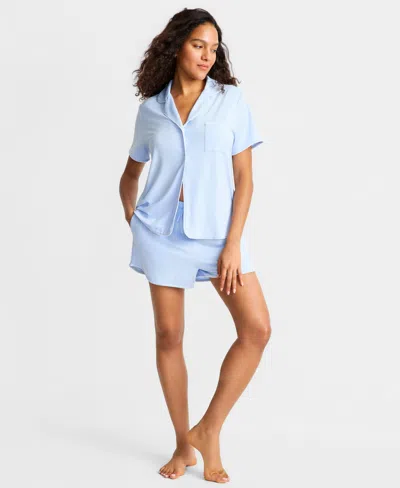 State Of Day Women's Fluid Knit Notched-collar Pajama Set Xs-3x, Exclusively At Macy's In Blue