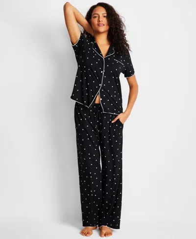 State Of Day Women's Fluid Knit Notched Pajama Set, Exclusively At Macy's In Deep Black