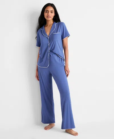 State Of Day Women's Fluid Knit Notched Pajama Set, Exclusively At Macy's In Blue