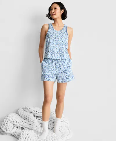 State Of Day Women's Henley Tank & Shorts Pajama Set, Macy's Exclusive In Blue