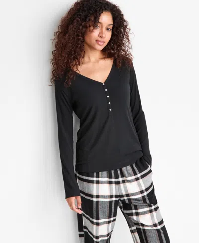 State Of Day Women's Long-sleeve Ribbed Henley Sleep Top Xs-3x, Created For Macy's In Black