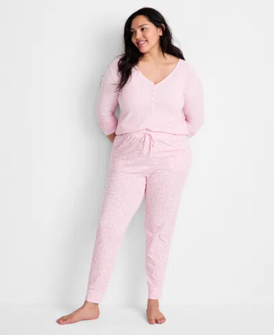 State Of Day Women's Long-sleeve Ribbed Henley Sleep Top Xs-3x, Created For Macy's In Pink