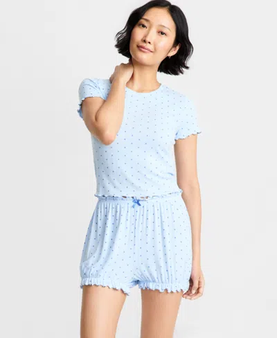 State Of Day Women's Pointelle Top & Bloomer Shorts Pajamas, 2-piece Set, Macy's Exclusive In Blue