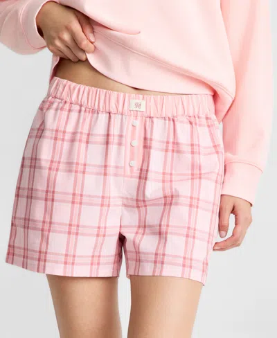 State Of Day Women's Rest Plaid Poplin Pajama Boxer Shorts, Macy's Exclusive In Pink