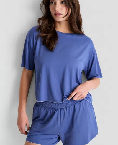 State Of Day Women's Solid Short-sleeve Picot Stitch Set, Macy's Exclusive In Blue