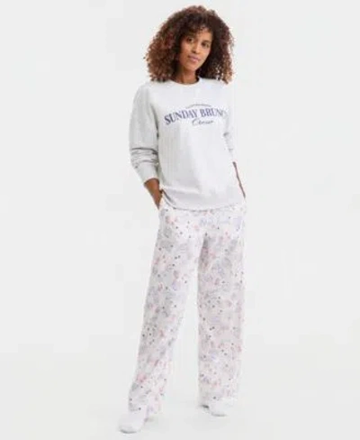 State Of Day Womens Terry Crewneck Sweatshirt Poplin Pajama Pants Macys Exclusive In Gray