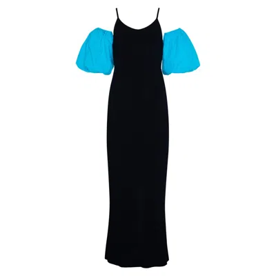 State Of Georgia Women's Blue / Black The Puff Dress Black With Aqua Puff Sleeve In Blue/black