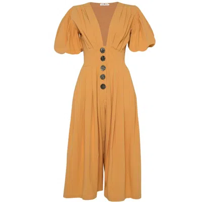 State Of Georgia Women's Yellow / Orange The Jaime Jumpsuit Cullotes Tan/charcoal Button In Yellow/orange