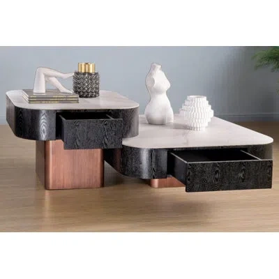 Statements By J Caldria Ceramic Top Coffee Table Set With Storage Drawers – Modern Sculptural Nesting Coffee Tables  In Bronze