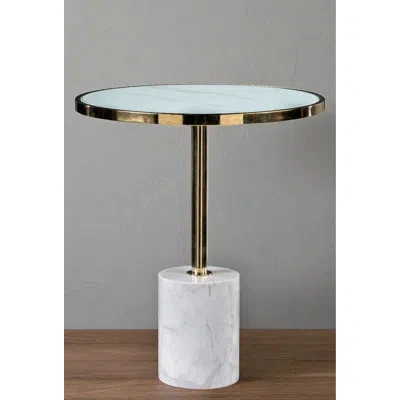 Statements By J Mireille Round Side Table With Marble-printed Glass Top And Genuine Marble Base – Modern Sculptural  In Multi