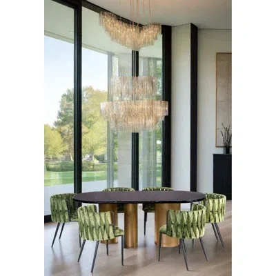 Statements By J Seraphina Balmain Oval Marble Dining Table With Curved Woven Green Velvet Chairs – 7-piece Modern Gl In Black