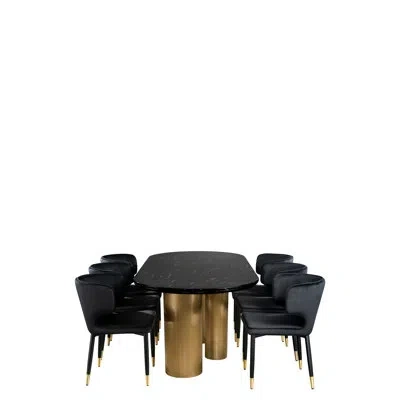 Statements By J Seraphina Balmain Oval Marble Dining Table With Gold Base And Velvet Chairs – 7 Piece Modern Glam Di In Black,black