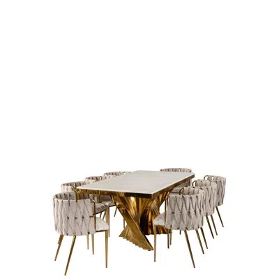 Statements By J Seraphina Garnes Dining Table Set For 8 With White Marble Top, And Chairs – Modern Glam Dining Set W In Beige