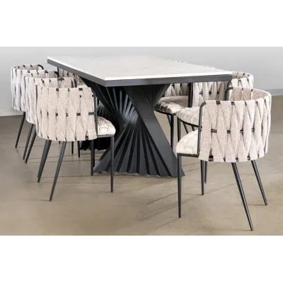 Statements By J Seraphina Waterfall Dining Table Set And Woven Pattern Chairs – 7 Piece Modern Dining Room Set In Multi