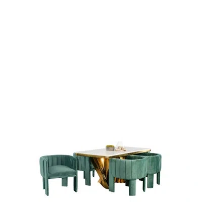 Statements By J Waterfall 7-piece Rectangular Marble Top Dining Table Set With 6 Green Channel Tufted Velvet Chairs  In Black