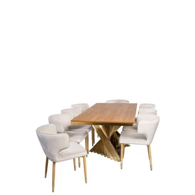 Statements By J Waterfall 9-piece Wood Top Dining Table Set With 8 Curved Off-white Velvet Chairs – Gold Geometric B In Brown