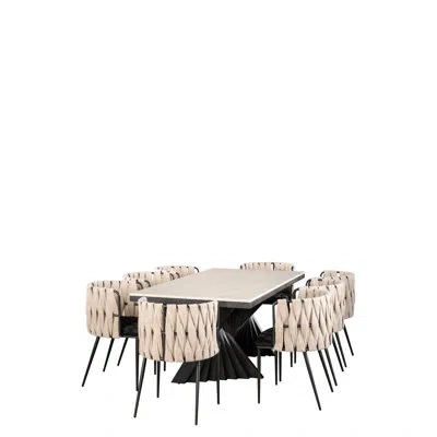 Statements By J Waterfall Modern Rectangular Marble Dining Table Set With Sculptural Base And 8 Woven Chairs – 9-pie In Black,white