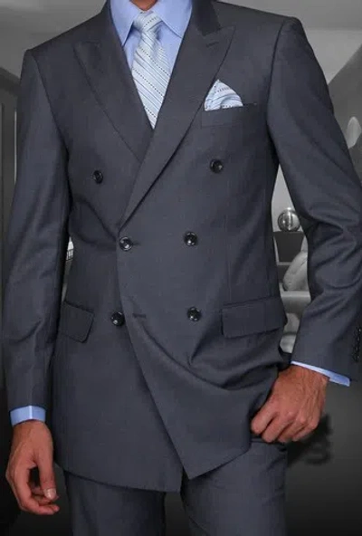 Pre-owned Statements Mens Charcoal Double Breasted Wool Designer Business Suit 40-52 In Gray