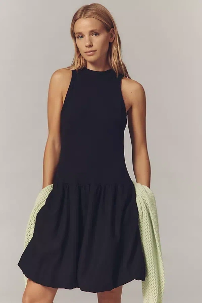 Stateside Linen Blend Bubble-hem Mini Dress In Black
