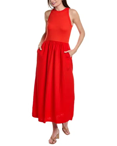 Stateside Mixed Media High-neck Linen-blend Maxi Dress In Red