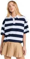 Stateside Navy Rugby Stripe Short Sleeve Boxy Polo White In White