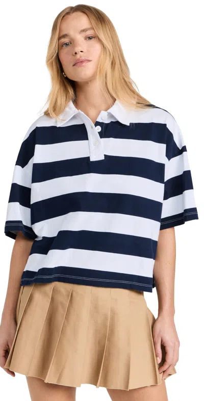 Stateside Navy Rugby Stripe Short Sleeve Boxy Polo White