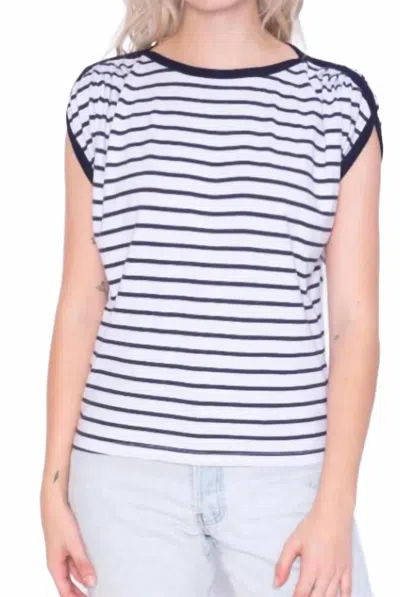 Stateside Pleated Boatneck Cap Sleeve Tee In Navy & White Stripe Cap Sleeve Tee