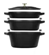 Staub Black Stackable Cast-iron Set Of Four With Lid In Black