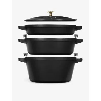 Staub Black Stackable Cast-iron Set Of Four With Lid