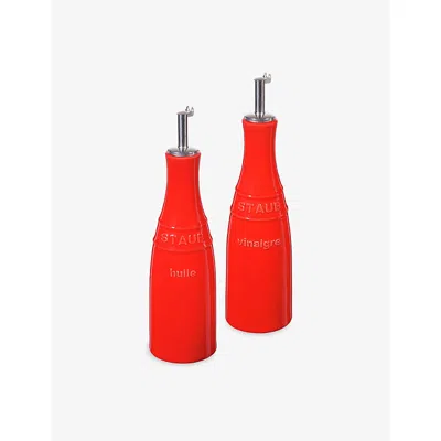 Staub Cherry Brand-embossed Ceramic Oil And Vinegar Cruet Set In Red