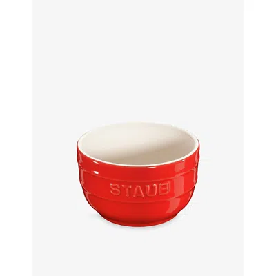 Staub Cherry Brand-embossed Set Of Two Ceramic Ramekins 9cm In Red