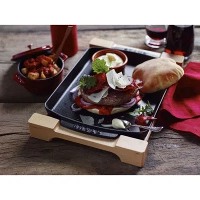Staub Cast Iron 13 X 9-inch Rectangular Serving Dish With Wood Base - Matte Black